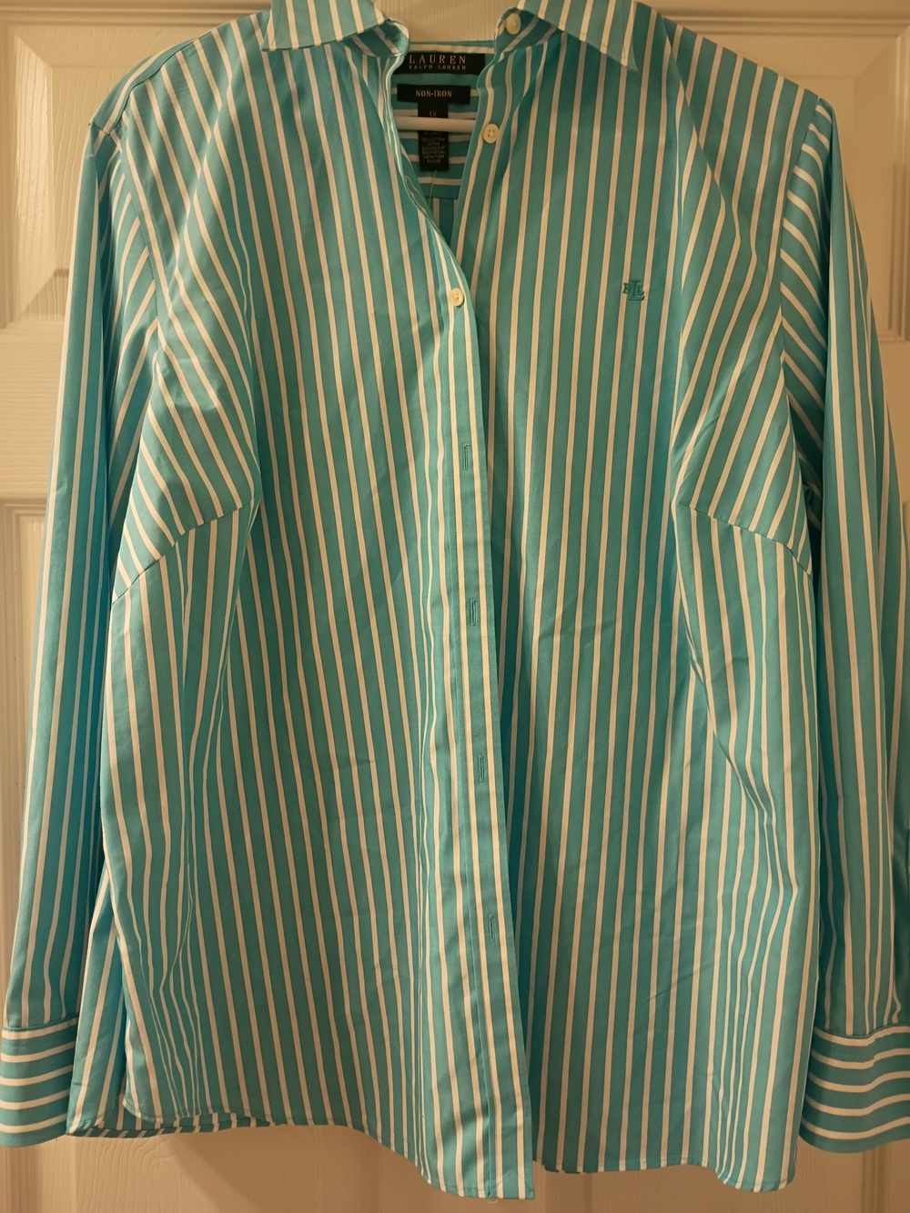 Lauren Ralph Lauren Womans Turquoise  White Button Down Striped Shirt Non Iron